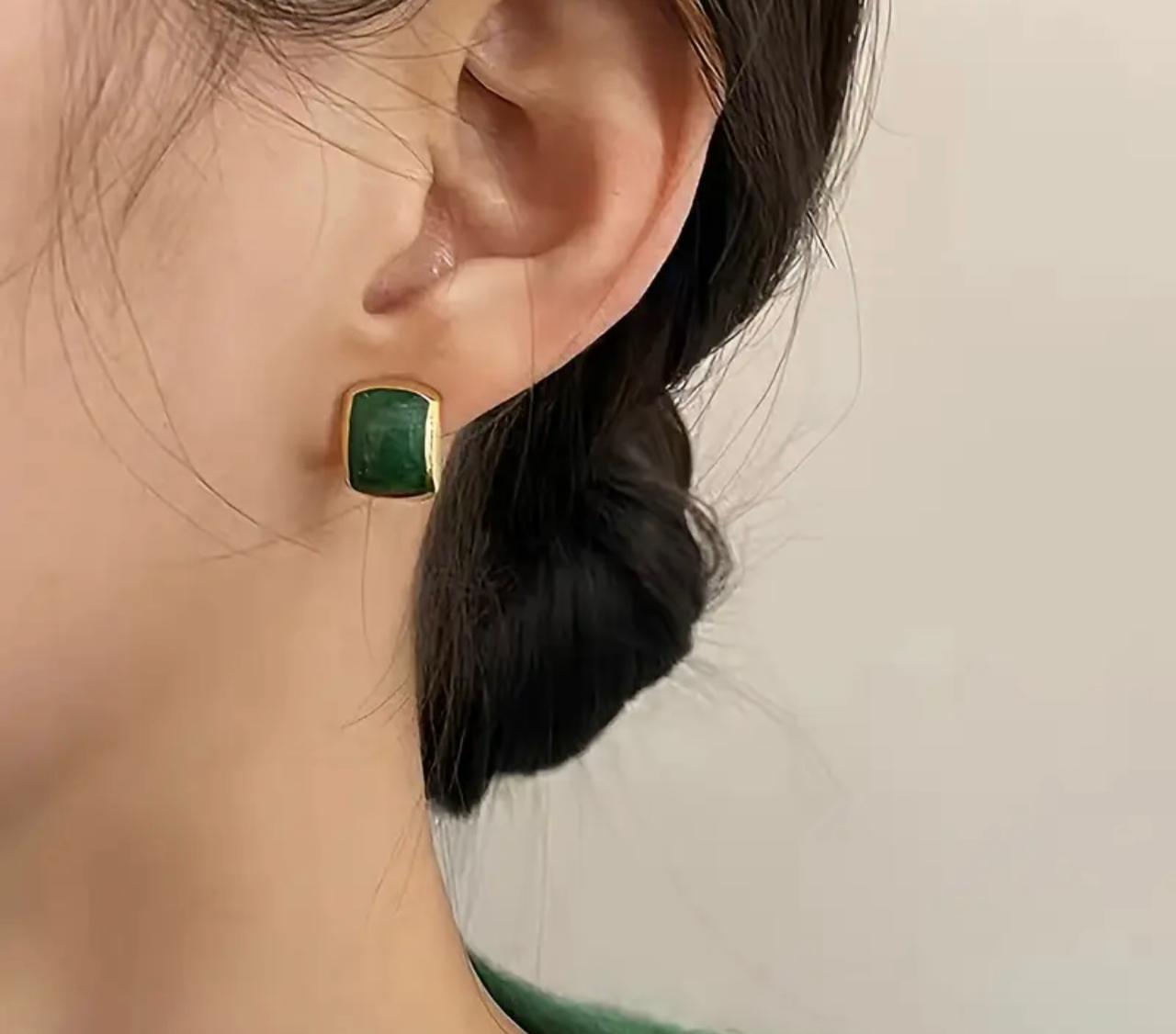 Green Marbled Stud Earrings in Golden-Tone Zinc Alloy