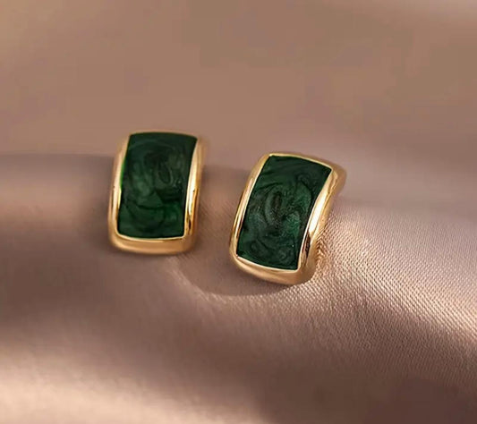 Green Marbled Stud Earrings in Golden-Tone Zinc Alloy