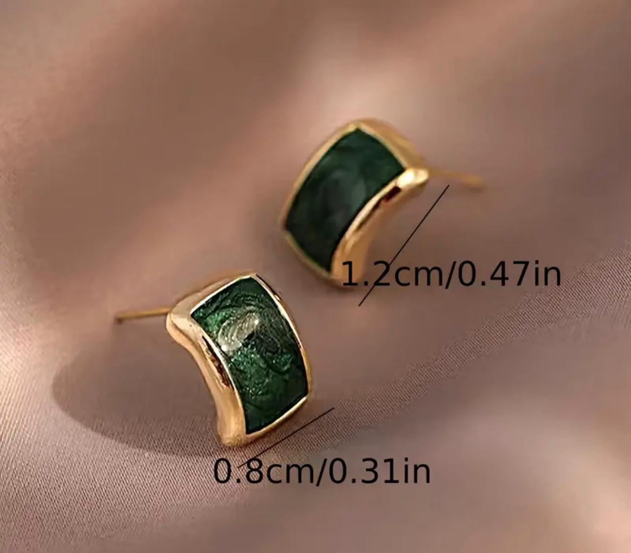 Green Marbled Stud Earrings in Golden-Tone Zinc Alloy